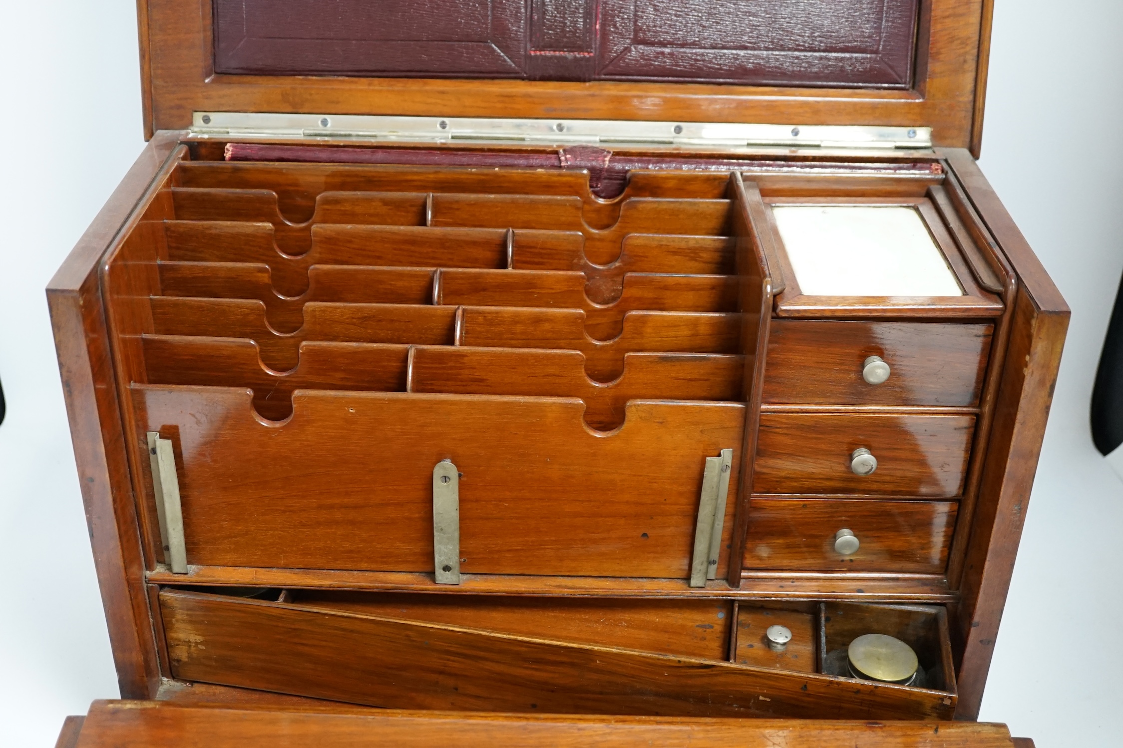 A Victorian burr walnut travelling stationery compendium combined with writing slope, 43cm wide. Condition - fair